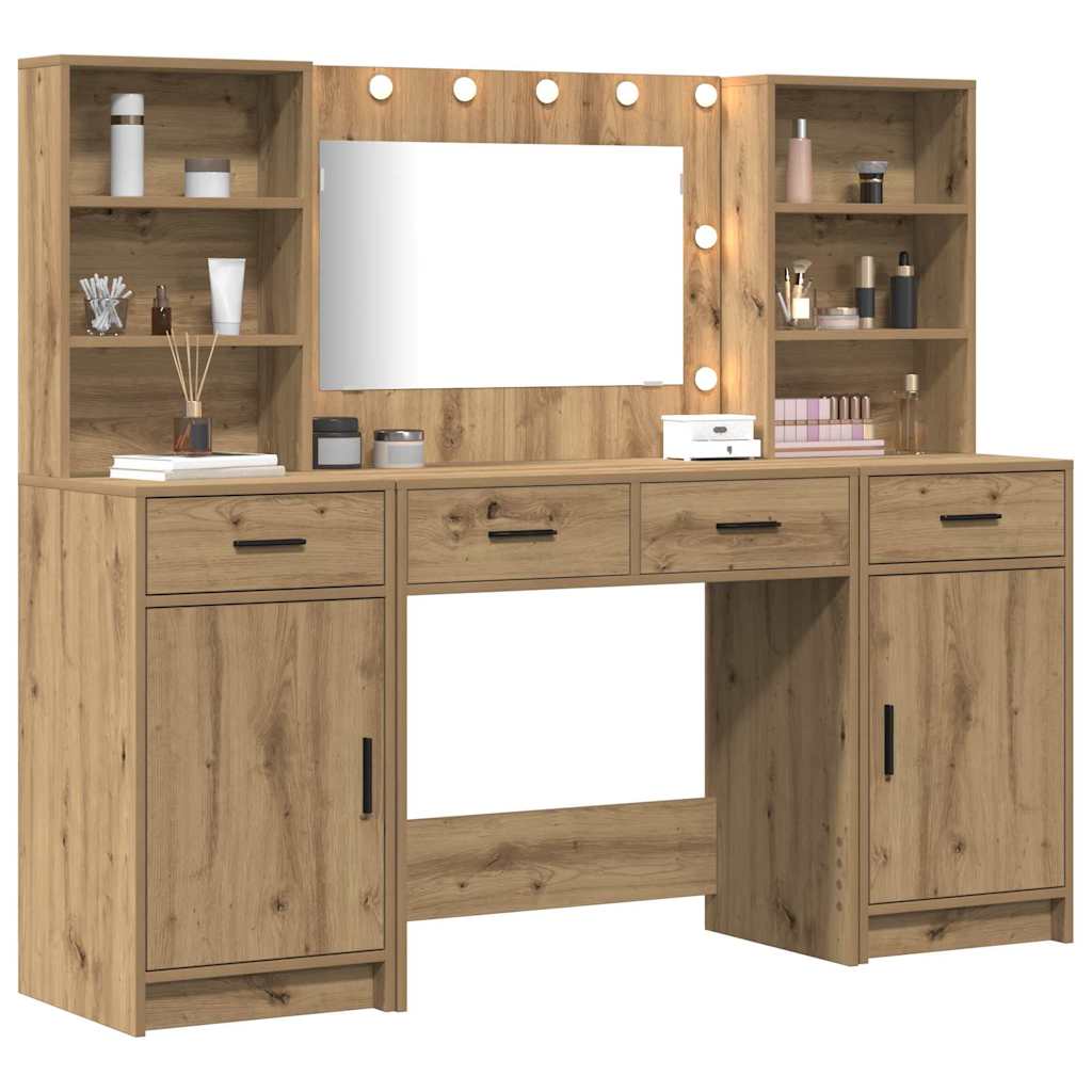 Dressing Table Set with LED 3 pcs Artisan Oak Engineered Wood