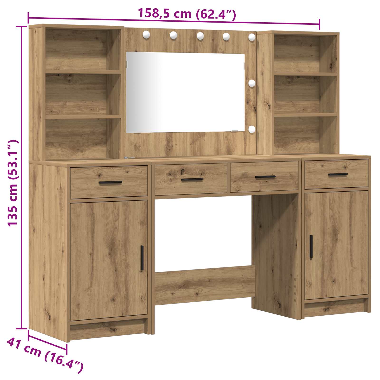 Dressing Table Set with LED 3 pcs Artisan Oak Engineered Wood