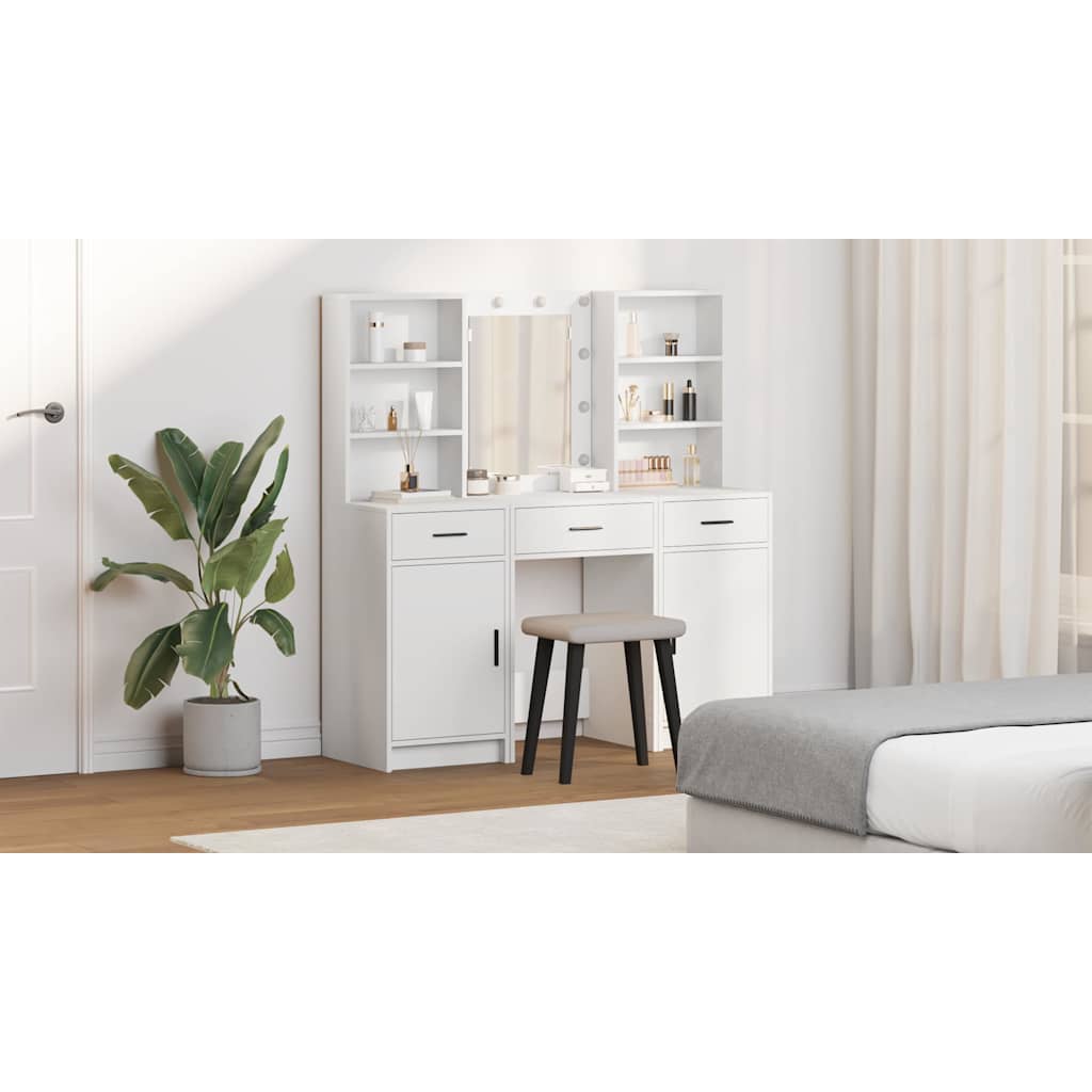 Dressing Table Set with LED 3 pcs White Engineered Wood