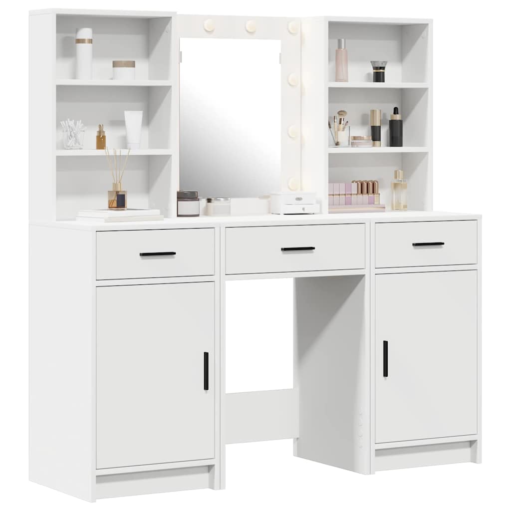 Dressing Table Set with LED 3 pcs White Engineered Wood