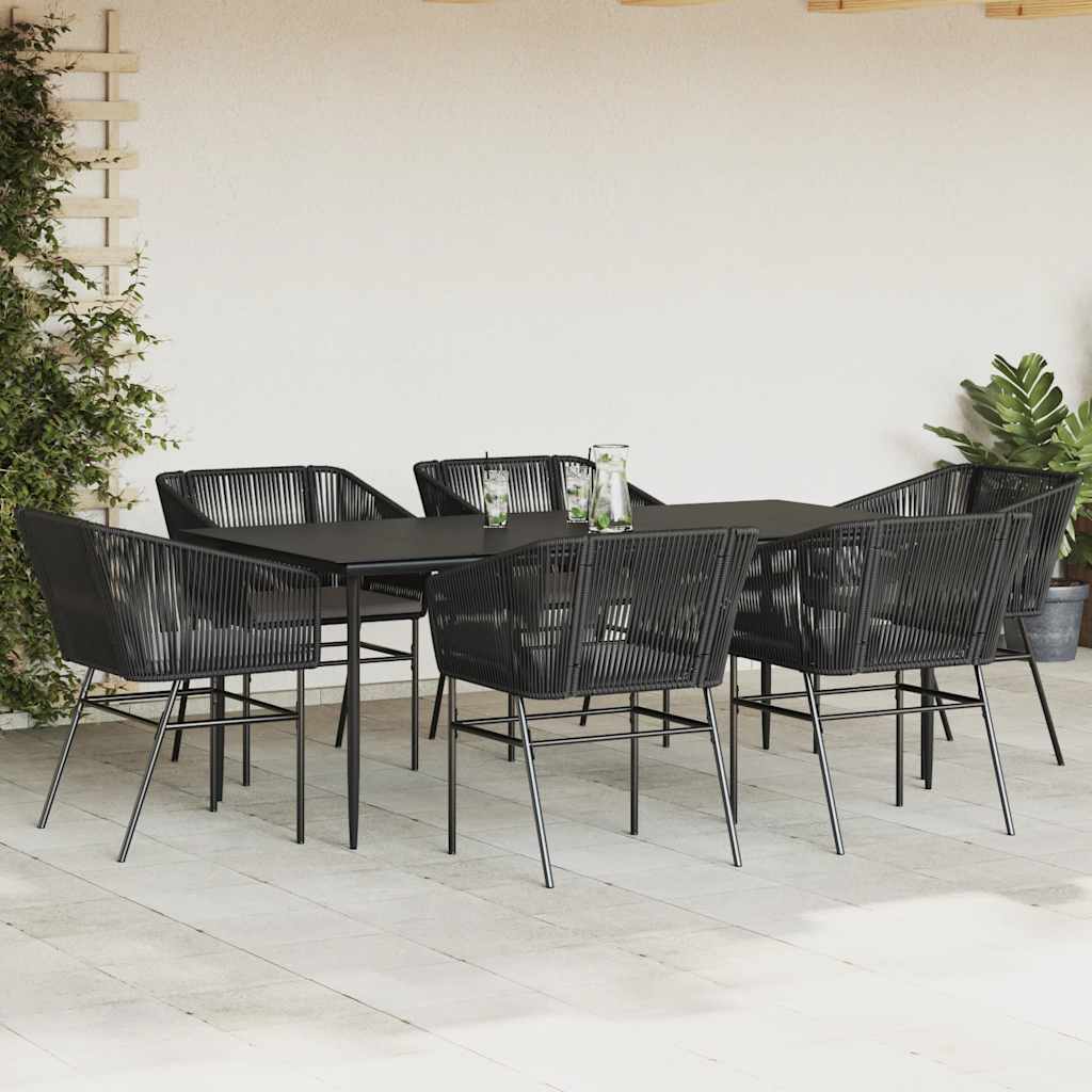 7 Piece Garden Dining Set with Cushions Black Poly Rattan Glass