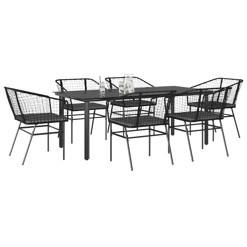 7 Piece Garden Dining Set with Cushions Black Poly Rattan Glass