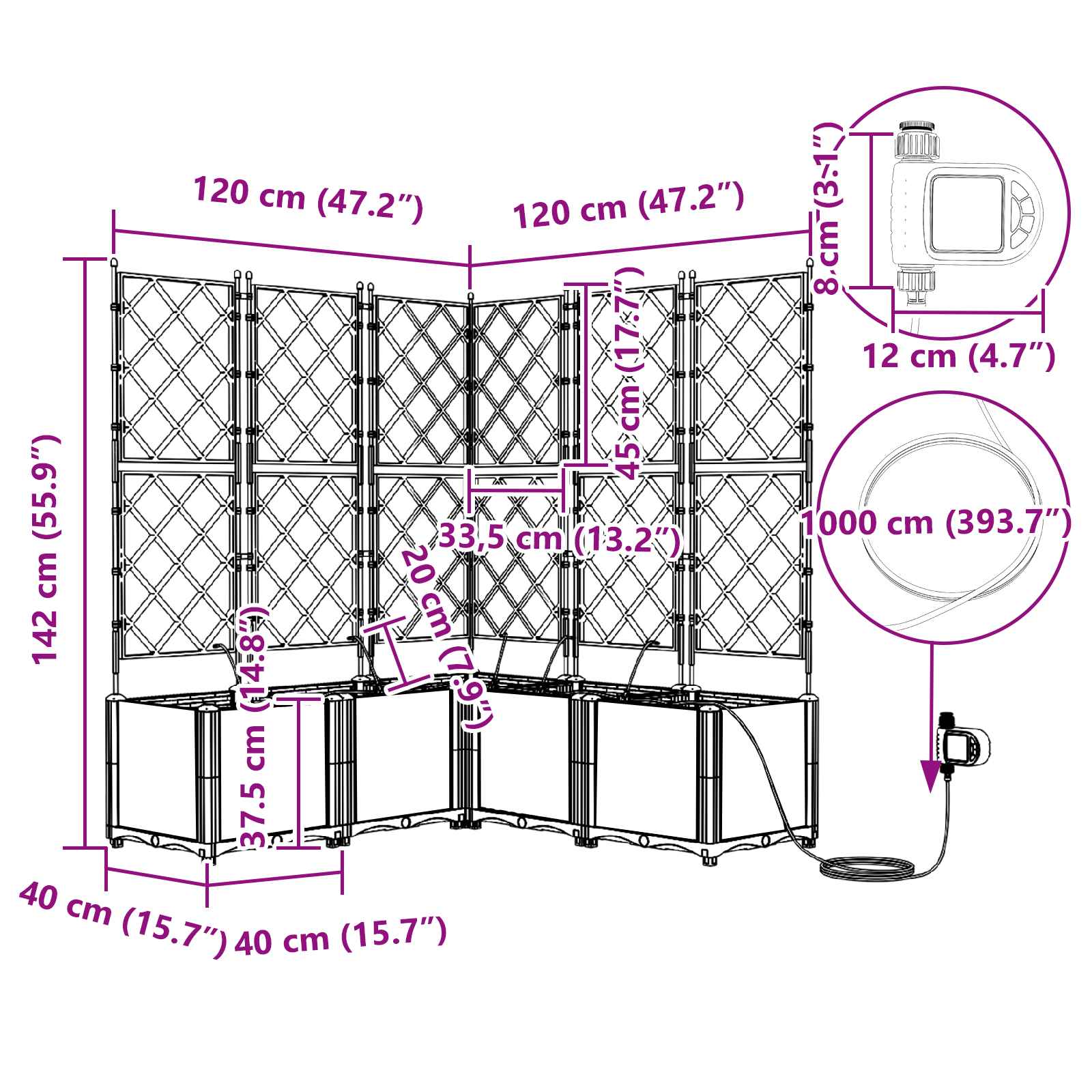 Garden Planter 3 pcs Grey 120 x 40 x 143 cm Steel