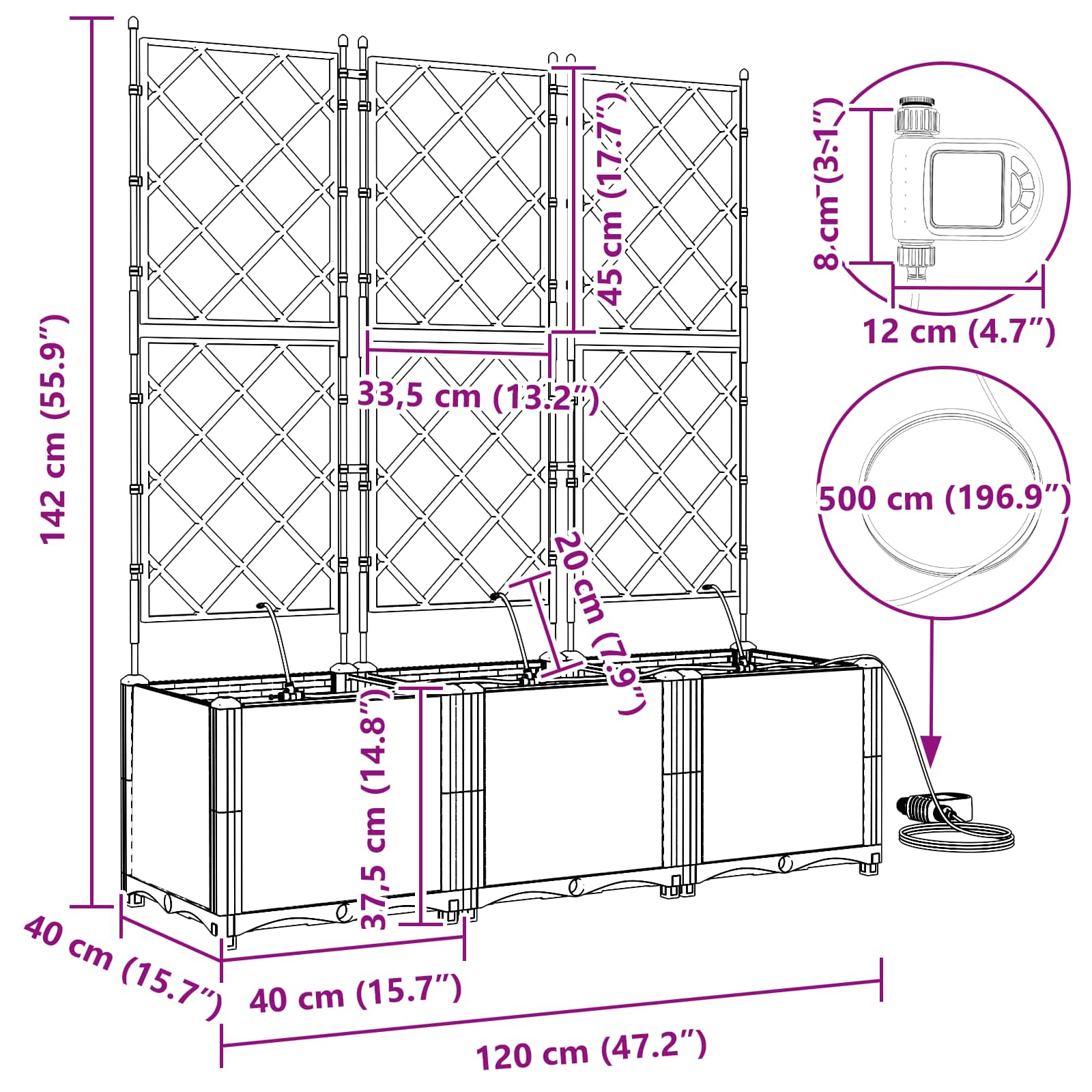 Garden Planter 3 pcs Grey 120 x 40 x 142 cm PP