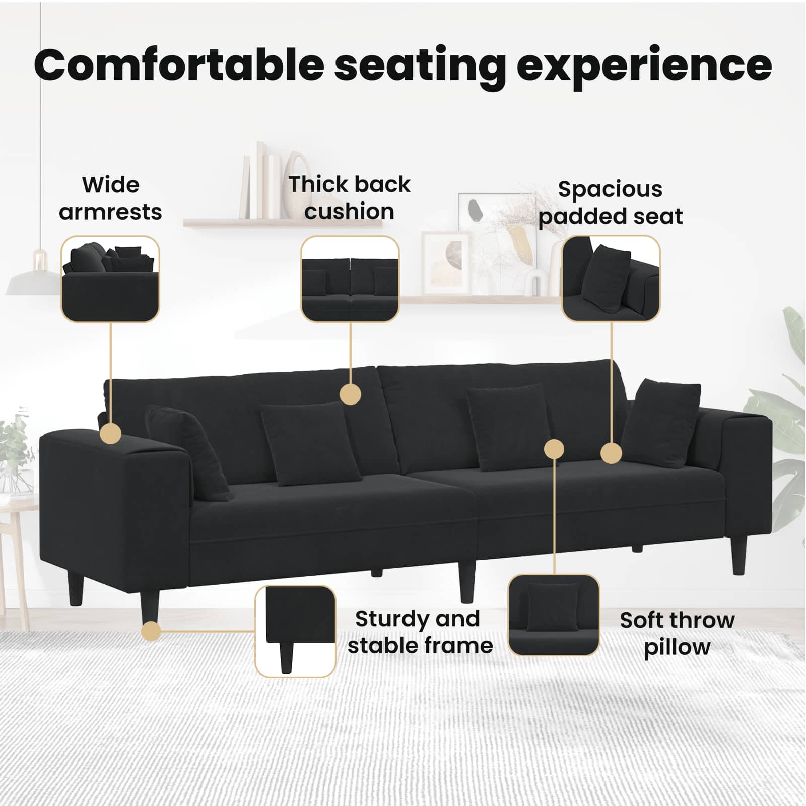 Sofa 3 pcs Black 250 x 188 x 76 cm Velvet