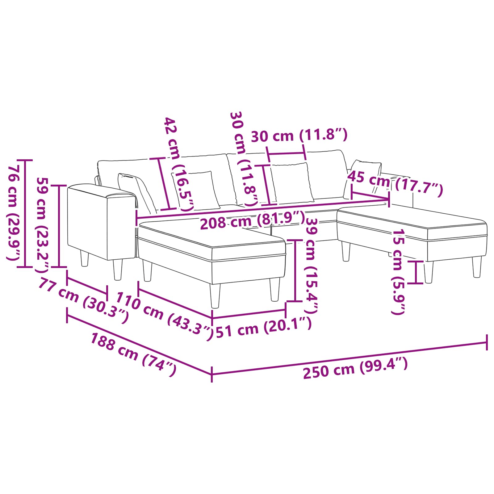 Sofa 3 pcs Black 250 x 188 x 76 cm Velvet