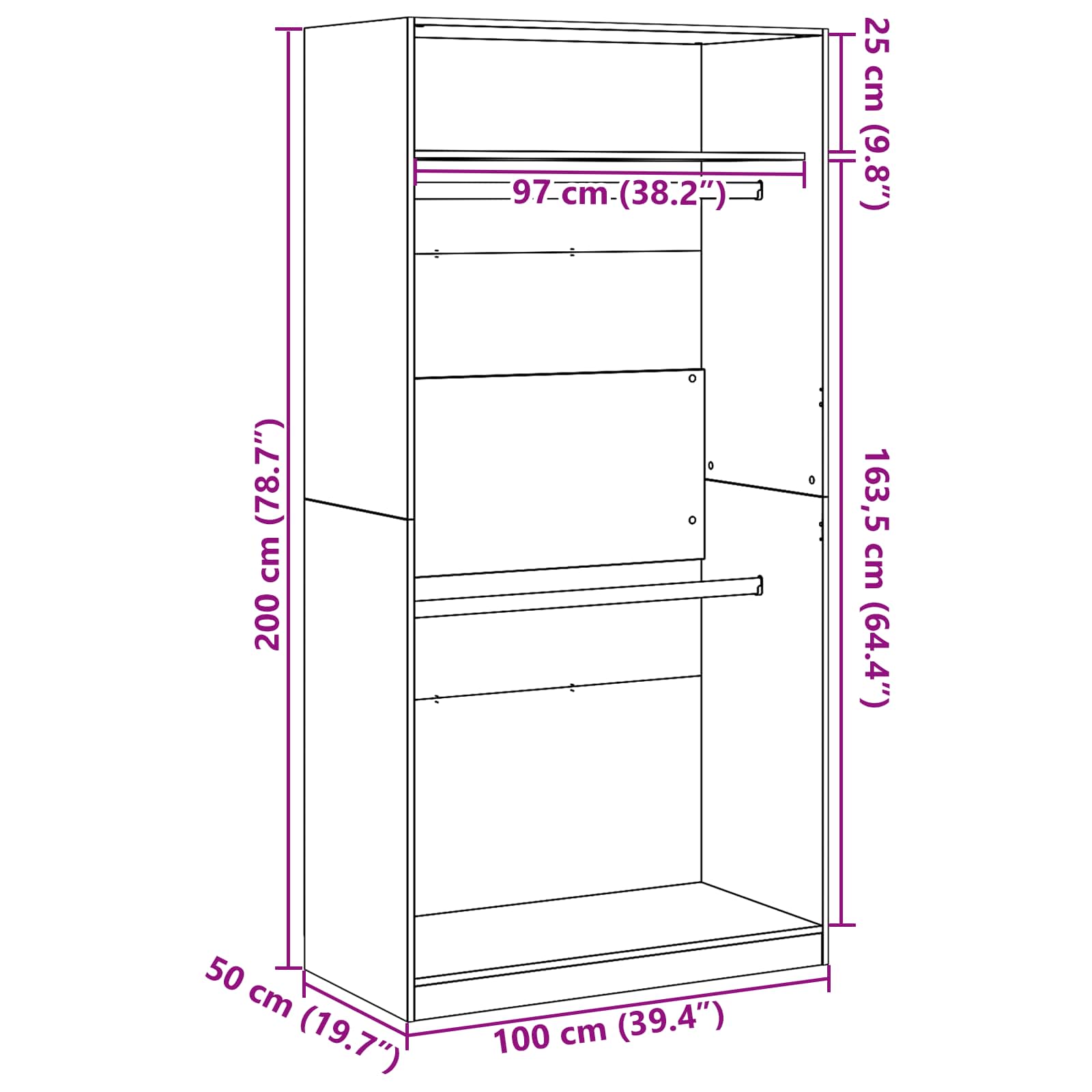 Wardrobe with Shelf Black Oak 100 x 50 x 200 cm Engineered Wood