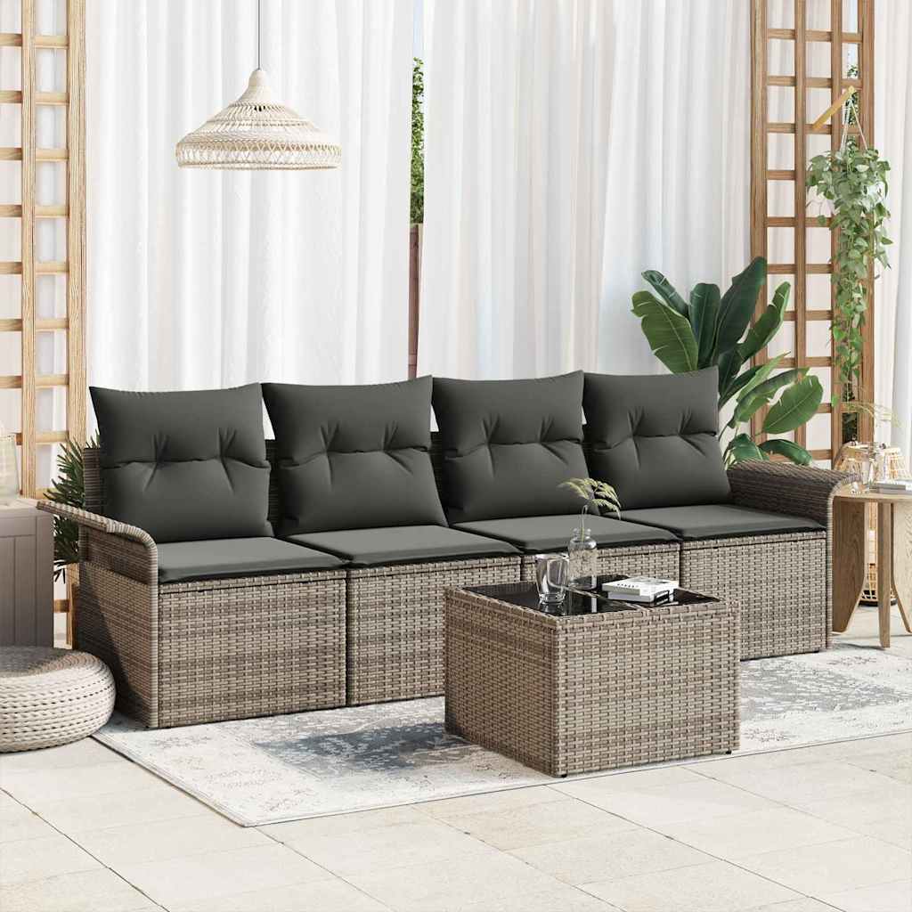 Sofa Set with Cushion 5 pcs Grey Poly Rattan
