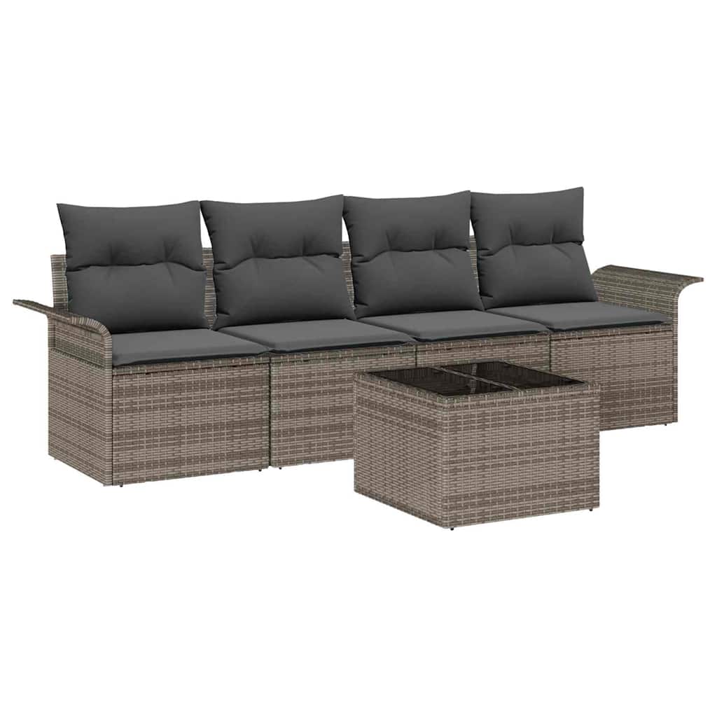 Sofa Set with Cushion 5 pcs Grey Poly Rattan