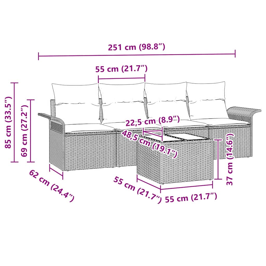 Sofa Set with Cushion 5 pcs Grey Poly Rattan