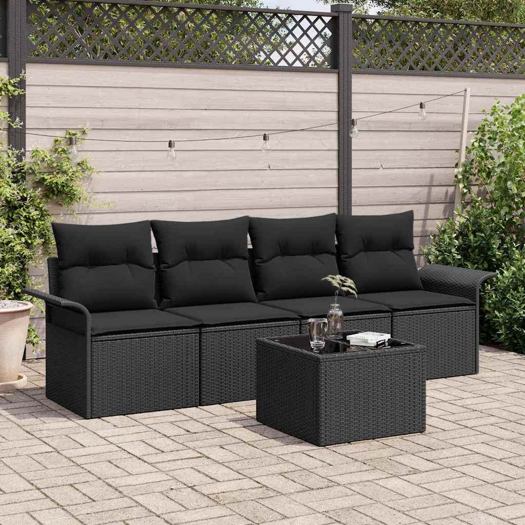 Sofa Set with Cushion 5 pcs Black Poly Rattan