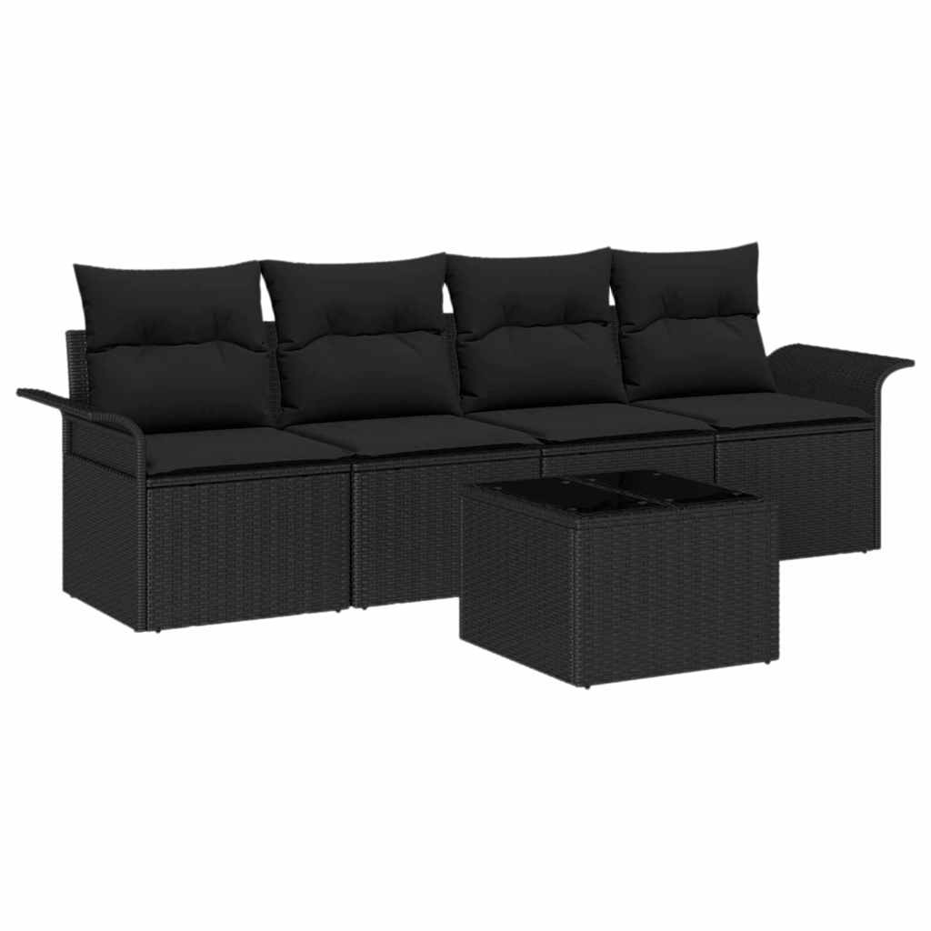 Sofa Set with Cushion 5 pcs Black Poly Rattan