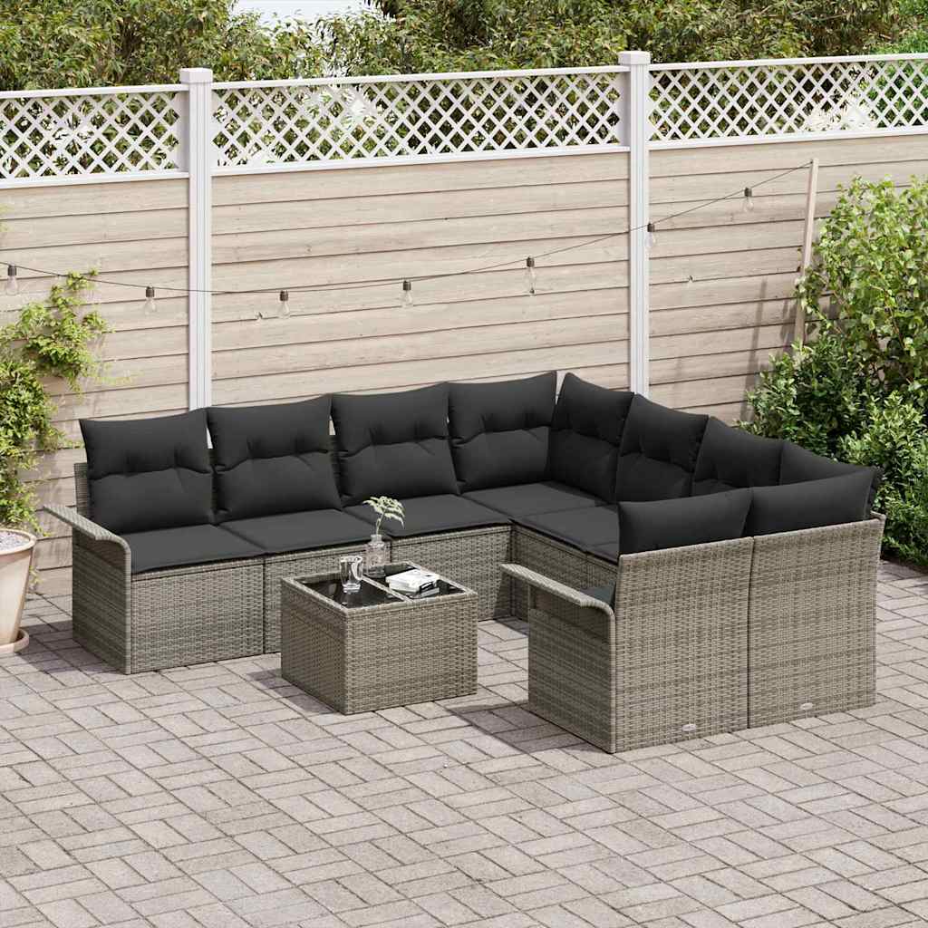 Garden Sofa Set with Cushion 9 pcs Grey Poly Rattan