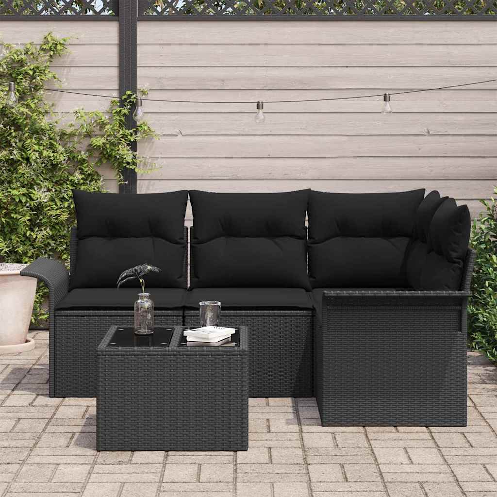 Garden Sofa Set with Cushion 5 pcs Black Poly Rattan