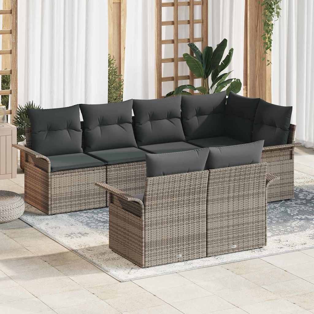 Garden Sofa Set with Cushion 7 pcs Grey Poly Rattan