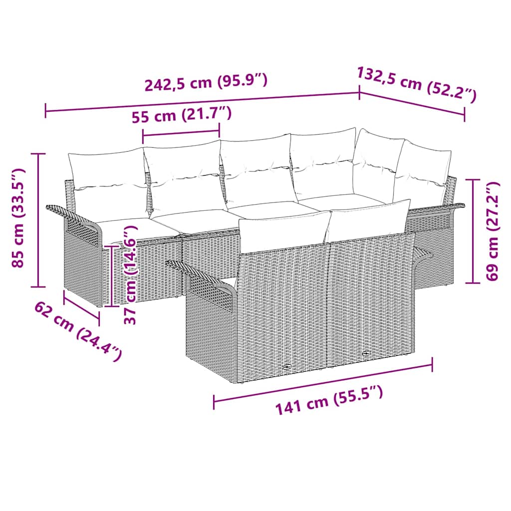 Garden Sofa Set with Cushion 7 pcs Grey Poly Rattan