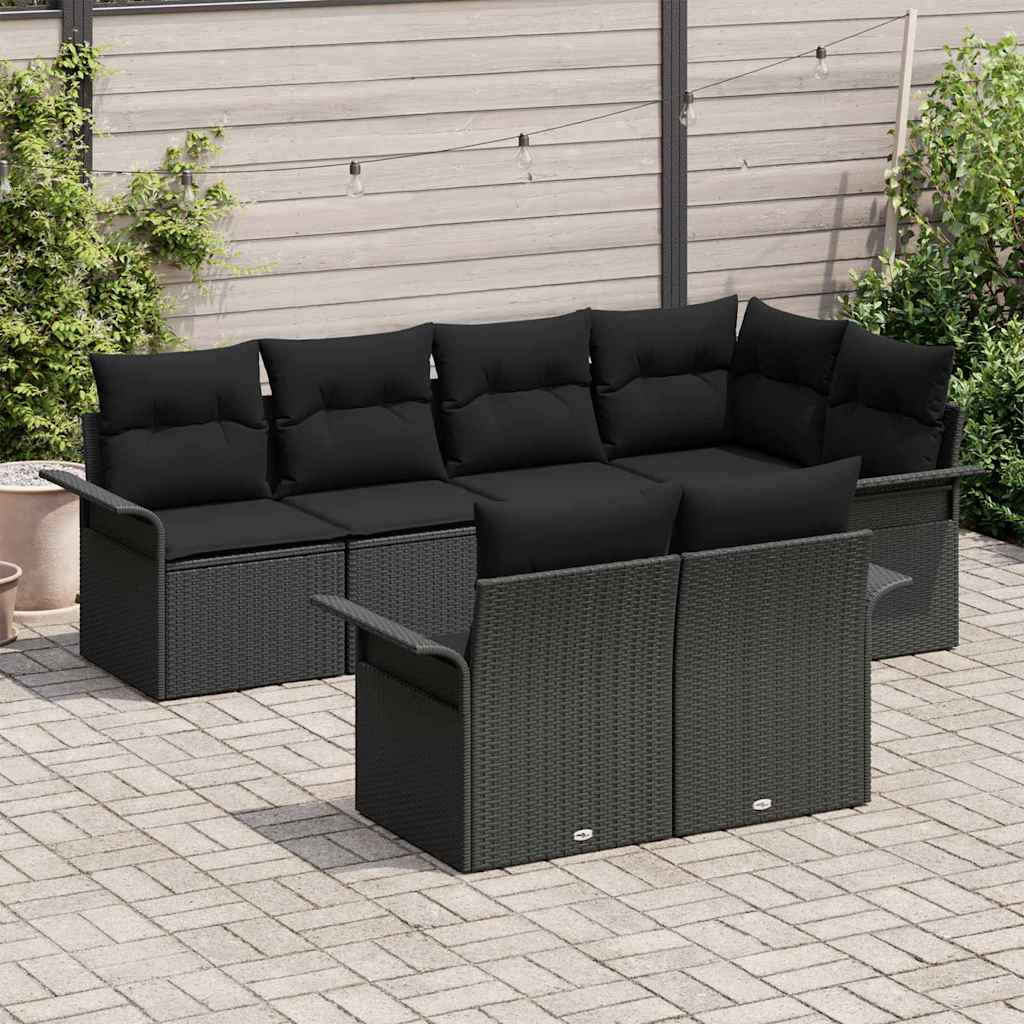 Garden Sofa Set with Cushion 7 pcs Black Poly Rattan