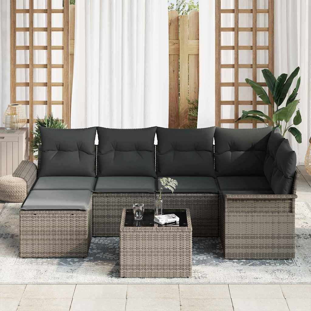 Garden Sofa Set with Cushion 7 pcs Grey Poly Rattan