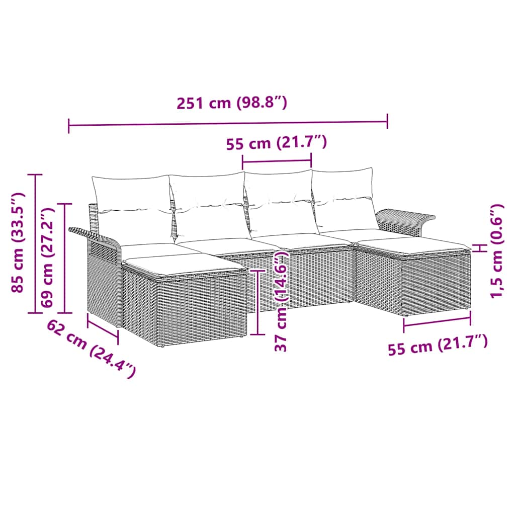 Garden Sofa Set with Cushion 6 pcs Black Poly Rattan