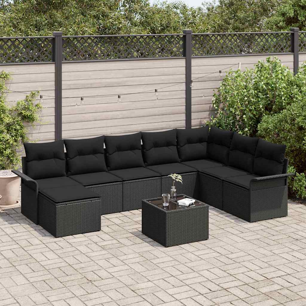 Garden Sofa Set with Cushion 9 pcs Black Poly Rattan