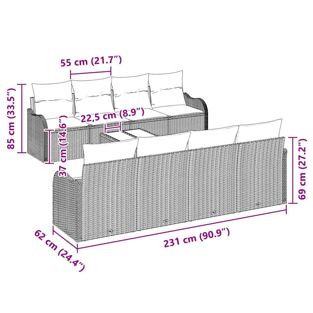 Garden Sofa Set 9 pcs Grey 55 x 55 x 37 cm Poly rattan