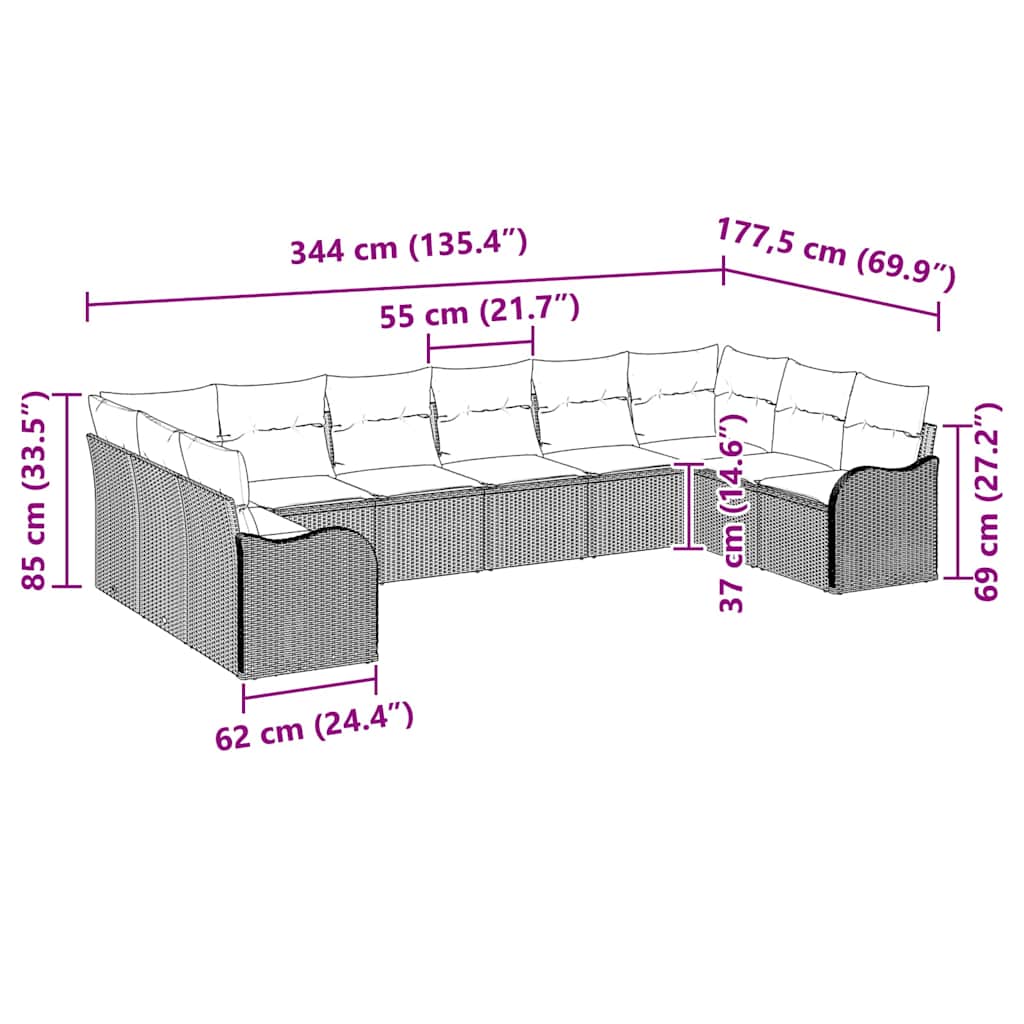 Garden Sofa Set Grey 344 x 177,5 x 85 cm Poly Rattan