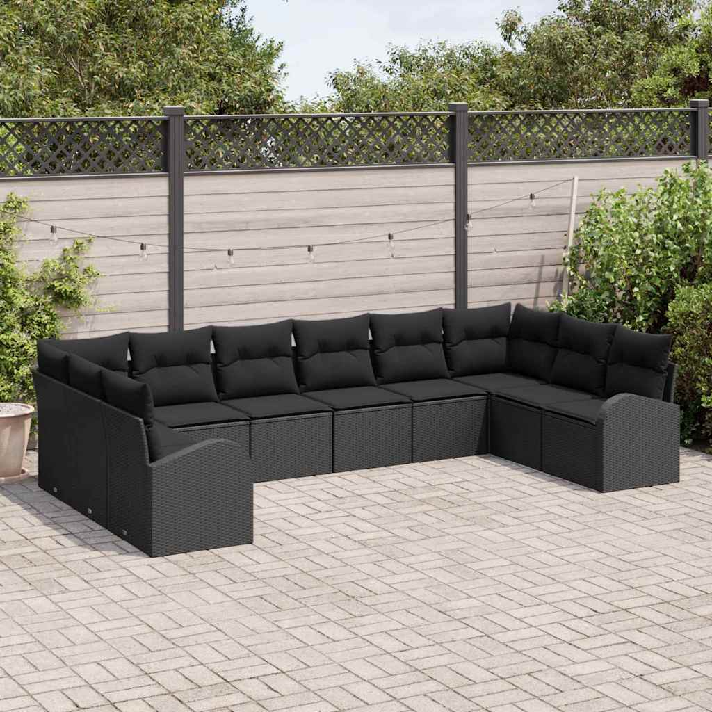 Sofa Set with Cushion 10 pcs Black Poly Rattan