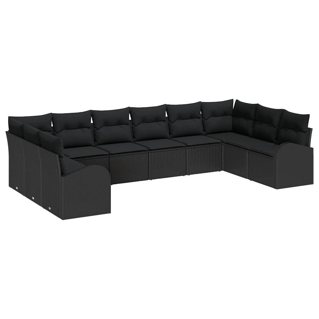 Sofa Set with Cushion 10 pcs Black Poly Rattan