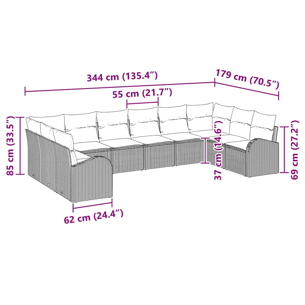 Sofa Set with Cushion 10 pcs Black Poly Rattan