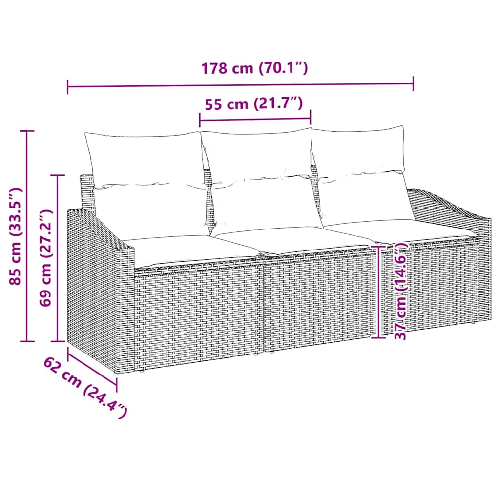 Sofa Set with Cushion 3 pcs Grey Poly Rattan