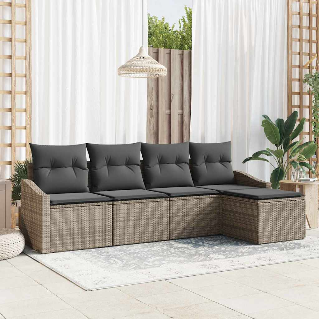 Sofa Set with Cushion 5 pcs Grey Poly Rattan