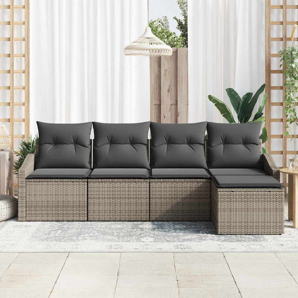 Sofa Set with Cushion 5 pcs Grey Poly Rattan