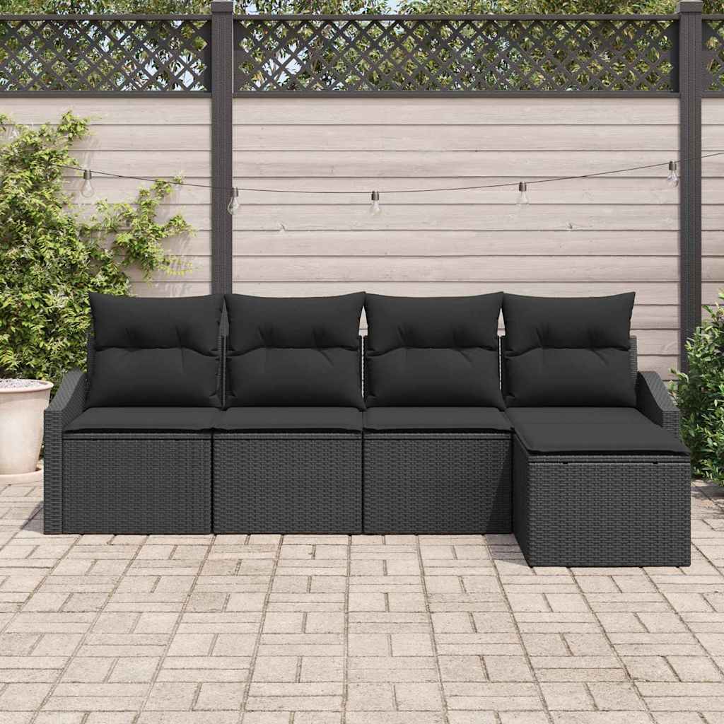 Sofa Set with Cushion 5 pcs Black Poly Rattan