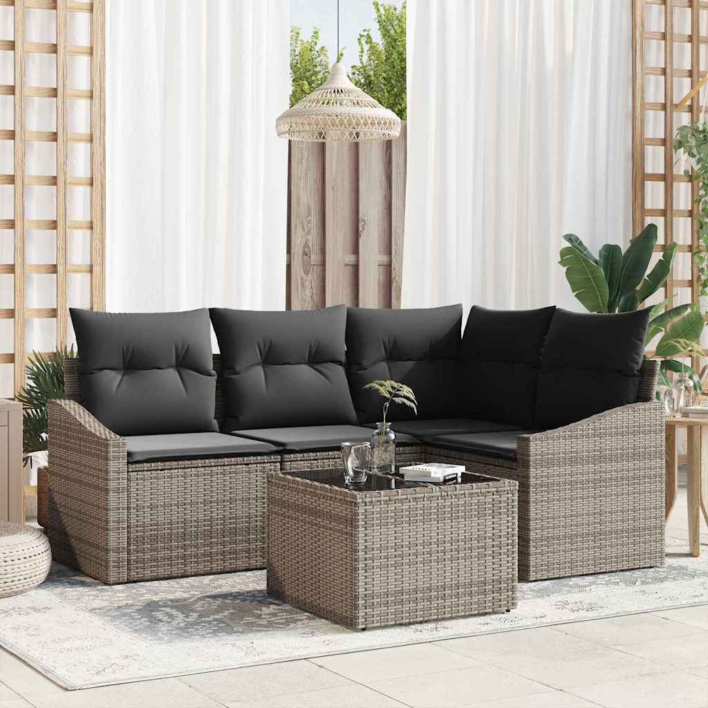 Sofa Set with Cushion 5 pcs Grey Poly Rattan