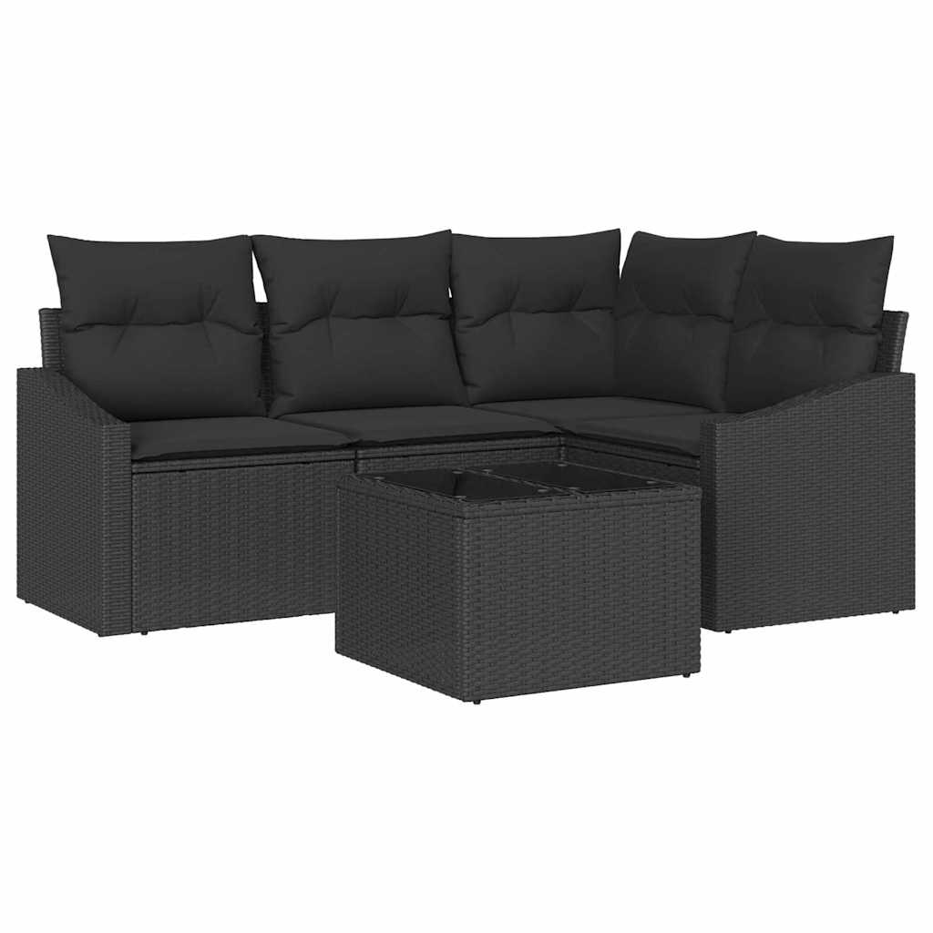 Sofa Set with Cushion 5 pcs Black Poly Rattan