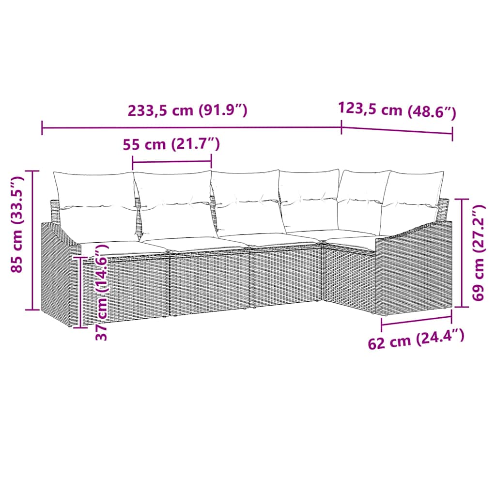 Sofa Set with Cushion 5 pcs Grey Poly Rattan