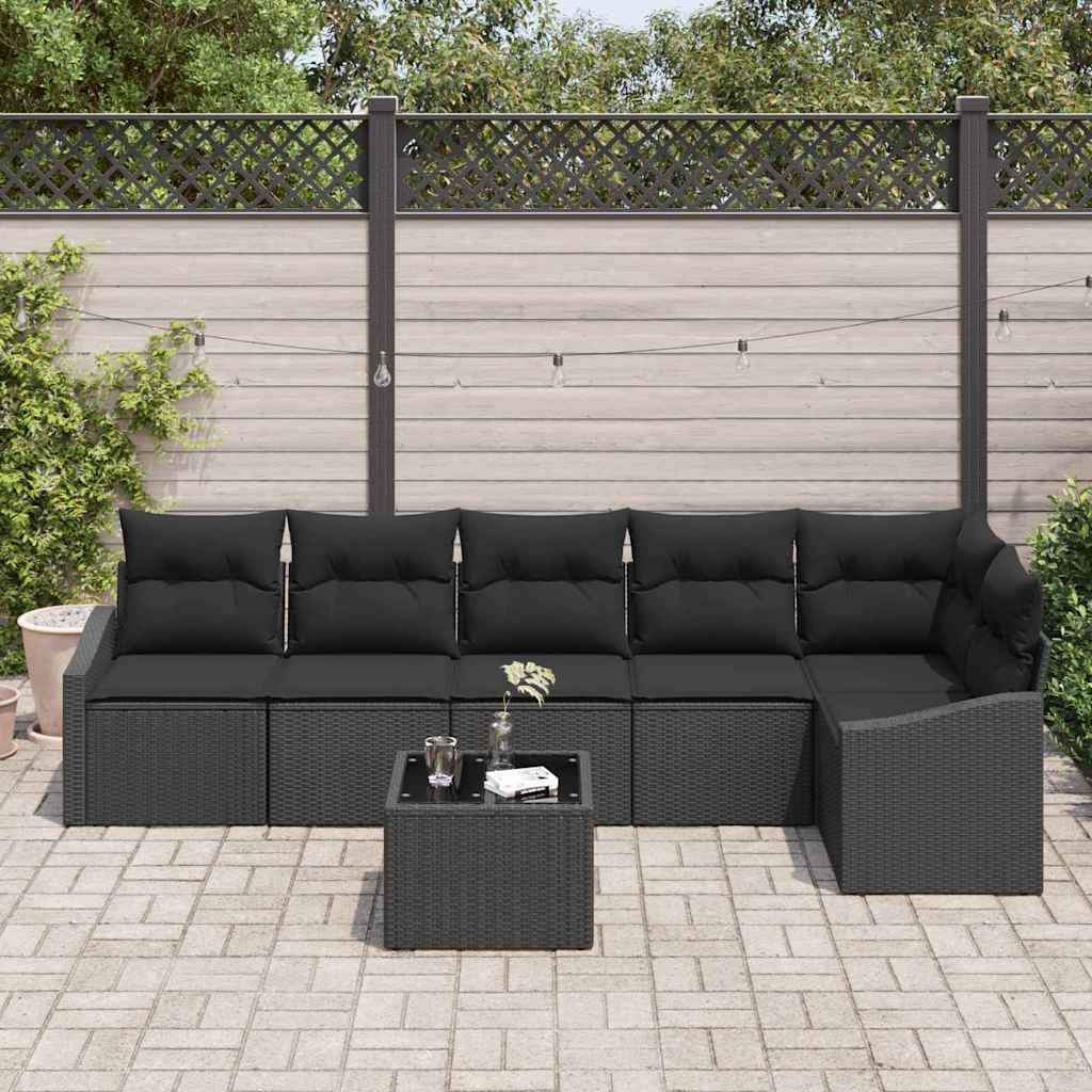 Sofa Set with Cushion 7 pcs Black Poly Rattan
