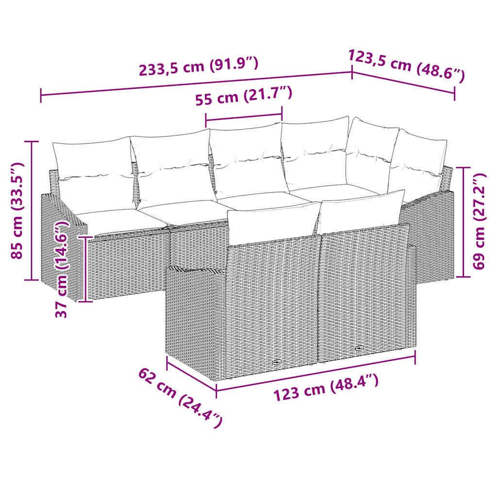 Sofa Set with Cushion 7 pcs Grey Poly Rattan