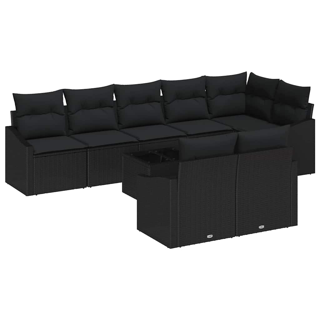 Sofa Set with Cushion 9 pcs Black Poly Rattan