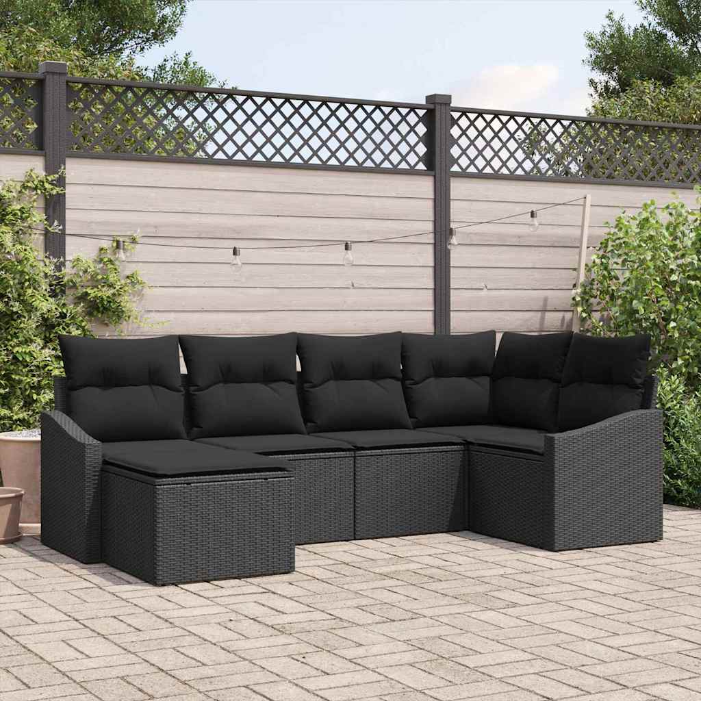 Sofa Set with Cushion 6 pcs Black Poly Rattan