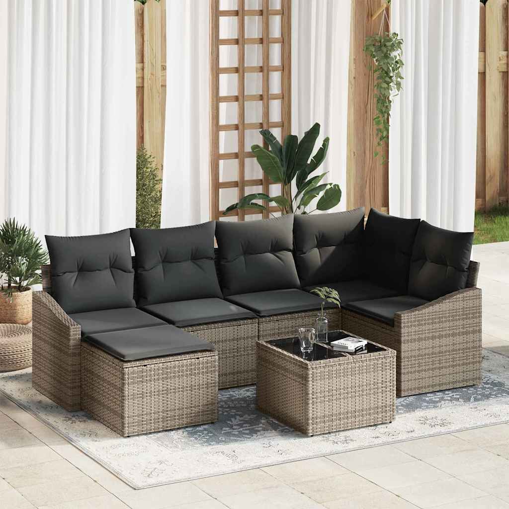 Sofa Set with Cushion 7 pcs Grey Poly Rattan