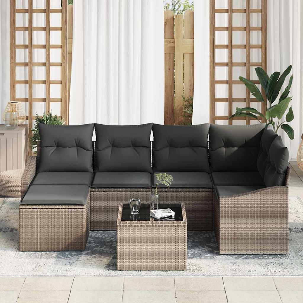 Sofa Set with Cushion 7 pcs Grey Poly Rattan