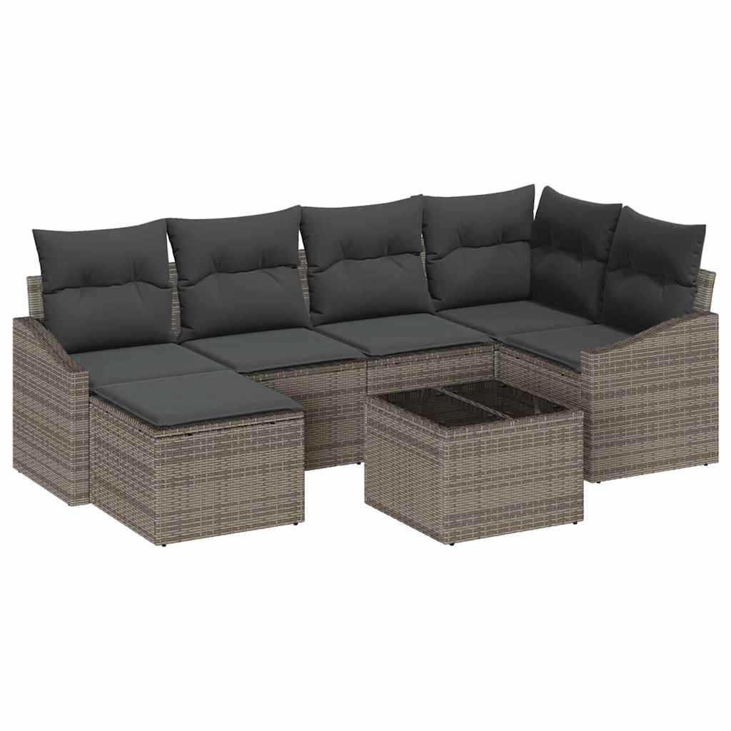 Sofa Set with Cushion 7 pcs Grey Poly Rattan