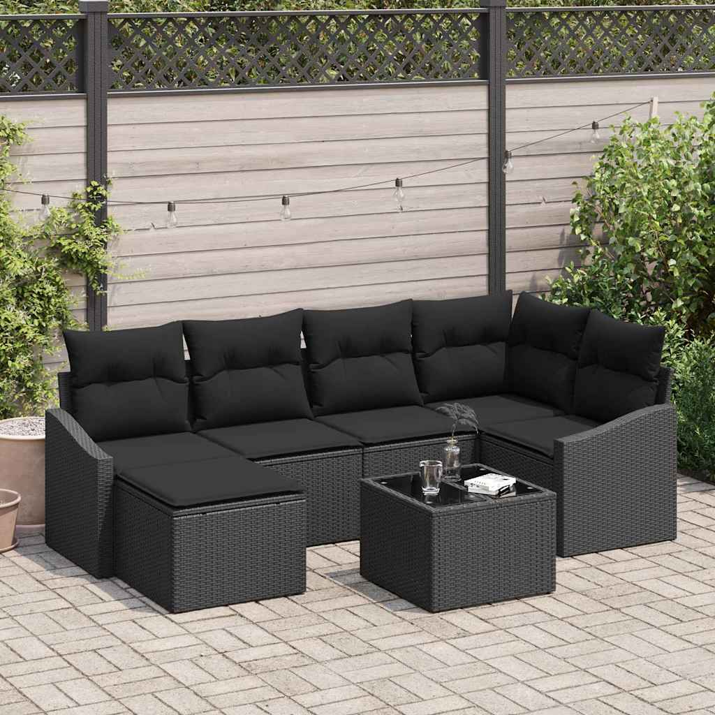 Sofa Set with Cushion 7 pcs Black Poly Rattan
