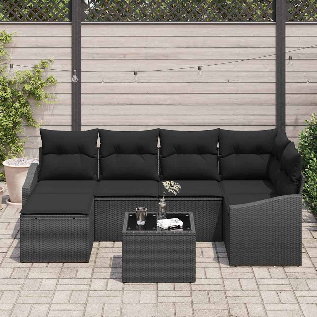 Sofa Set with Cushion 7 pcs Black Poly Rattan