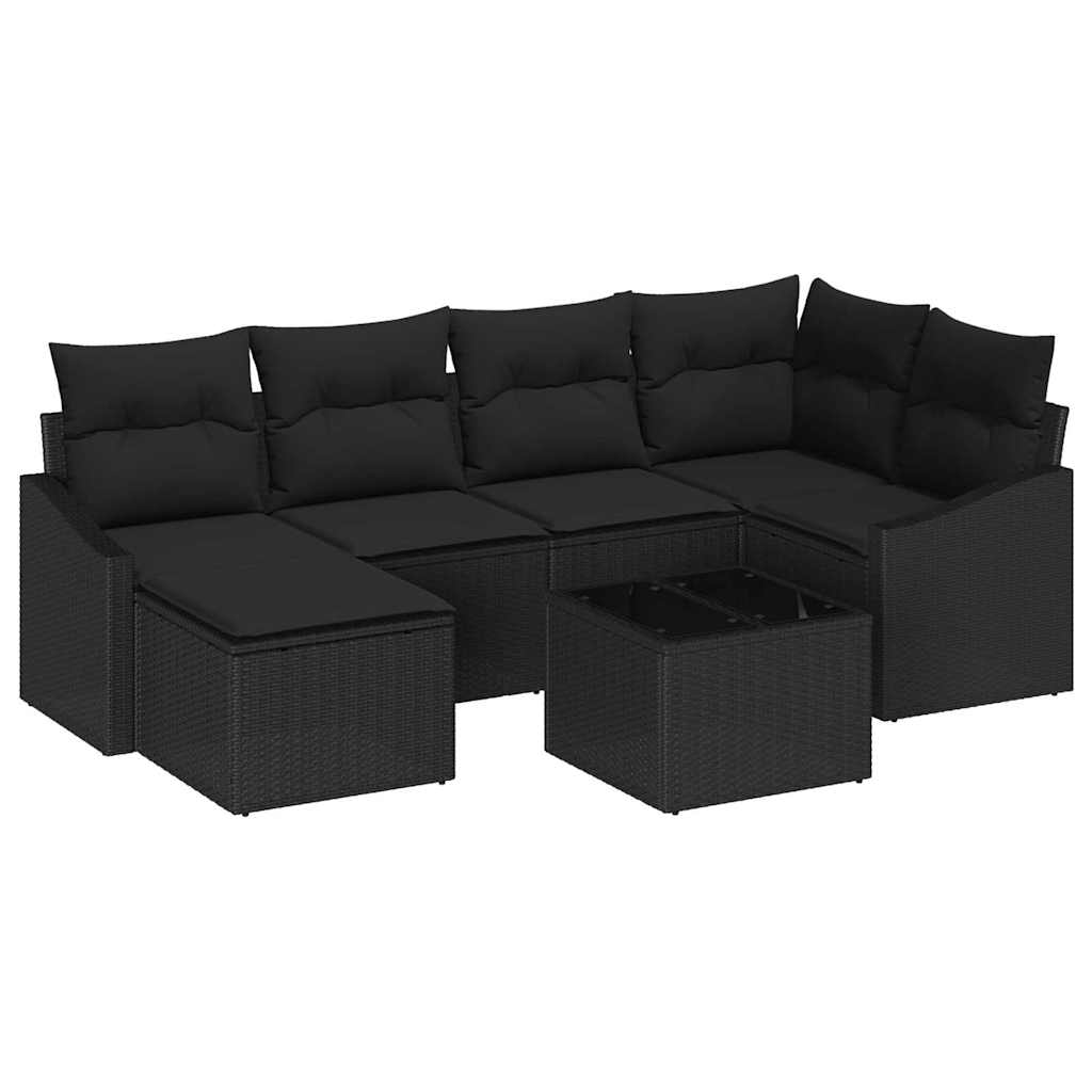 Sofa Set with Cushion 7 pcs Black Poly Rattan