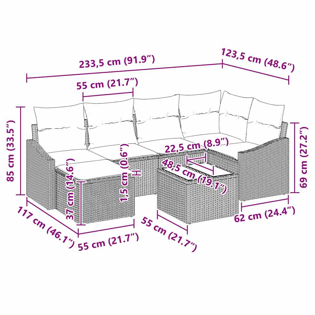 Sofa Set with Cushion 7 pcs Black Poly Rattan