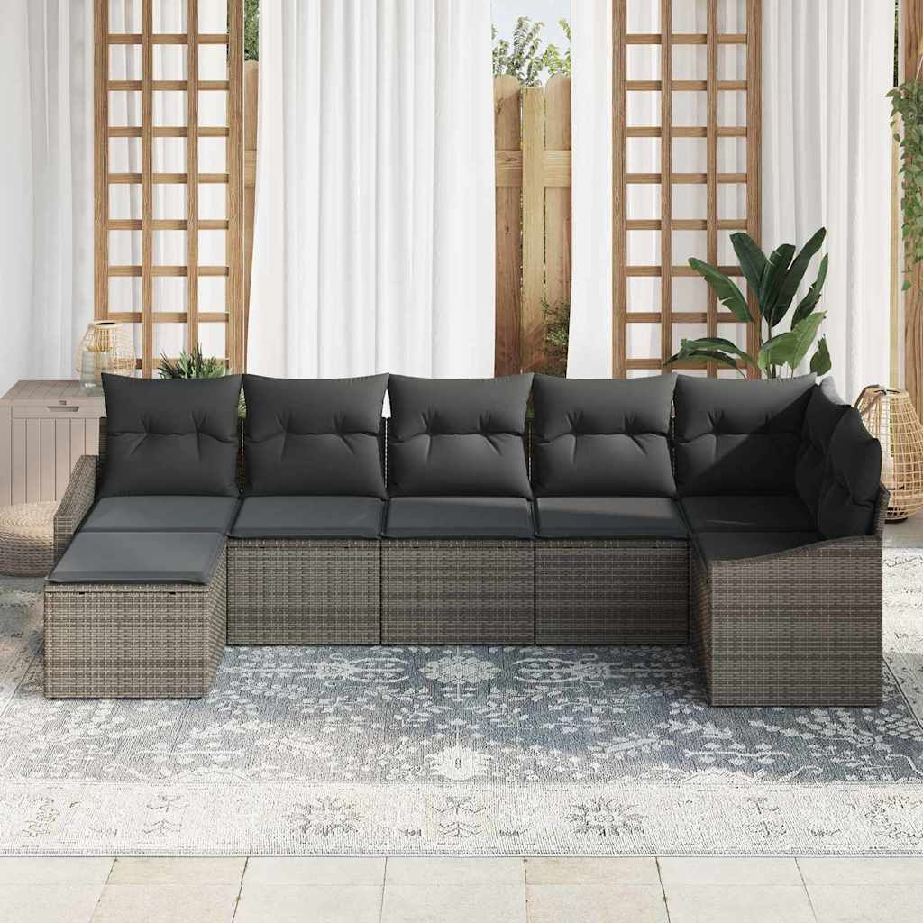 Sofa Set with Cushion 7 pcs Grey Poly Rattan
