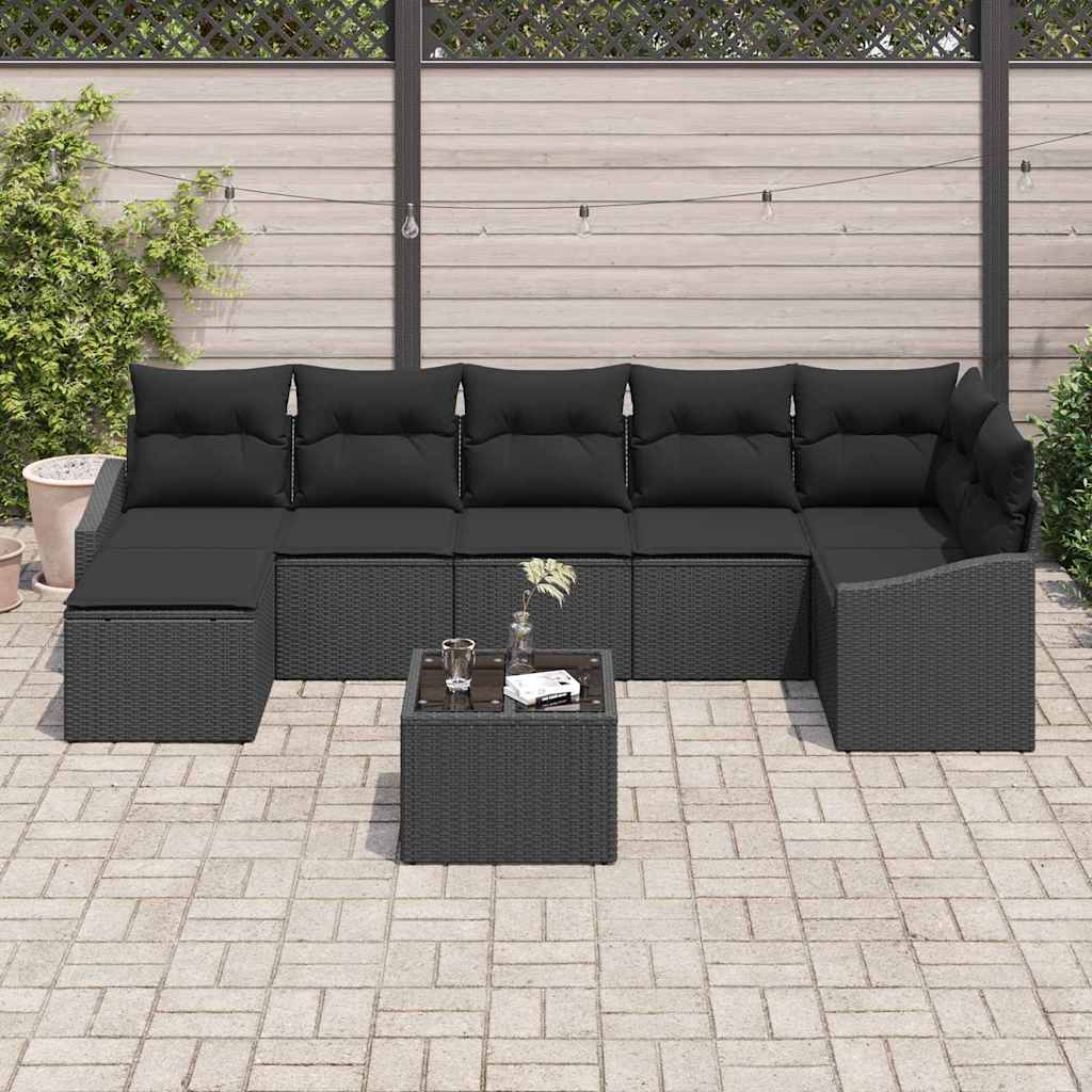 Sofa Set with Cushion 8 pcs Black Poly Rattan