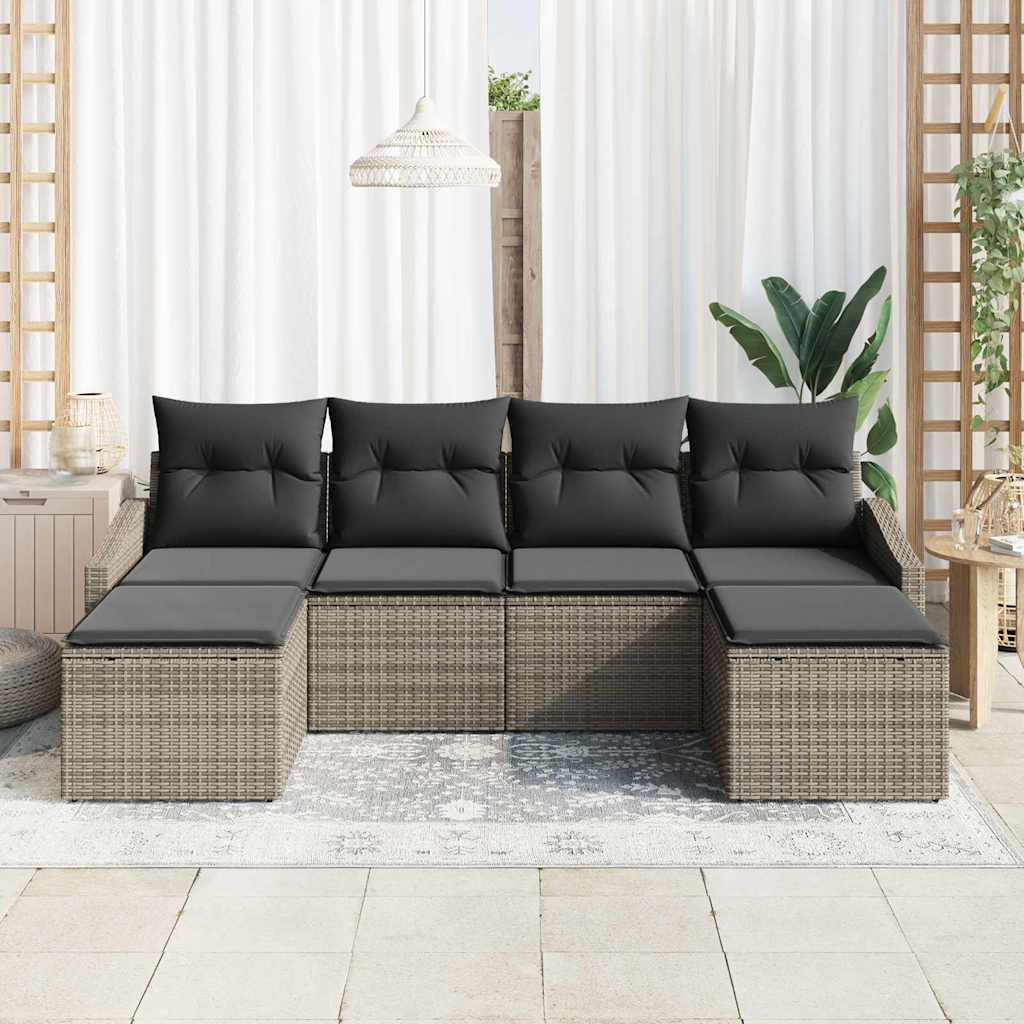 Sofa Set with Cushion 6 pcs Grey Poly Rattan